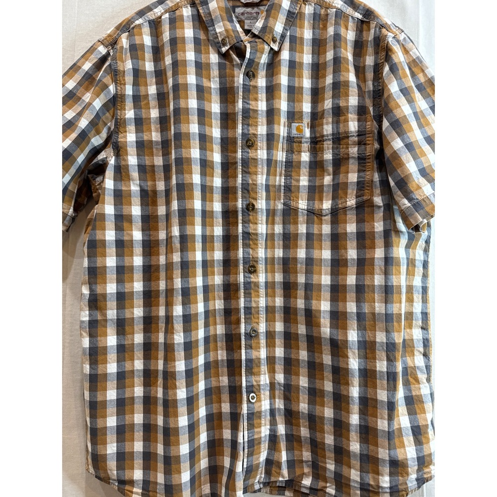 Carhartt Mens Large Short Sleeve Plaid Button Down Shirt Brown Navy 103005 211 - Picture 8 of 8